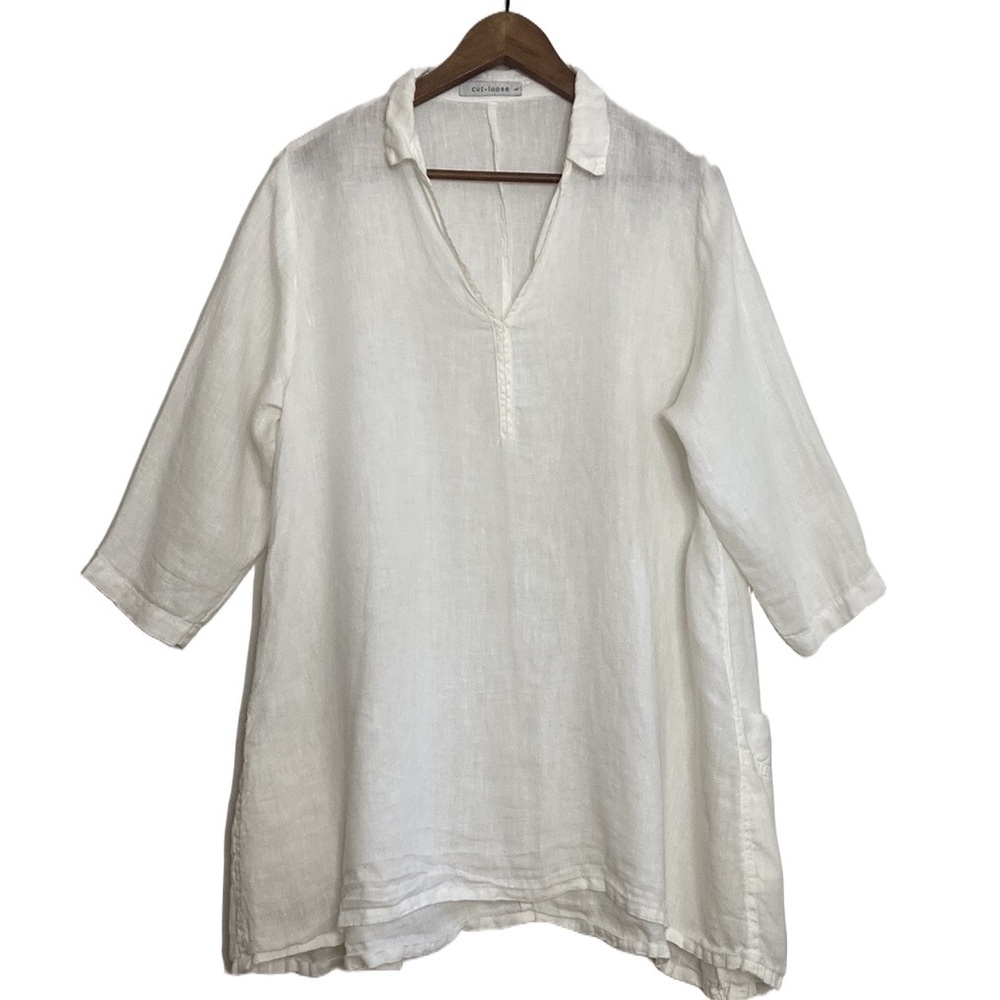 Cut Loose Top Womens Large White Linen Half Sleeve V Neck Relaxed Fit Tunic